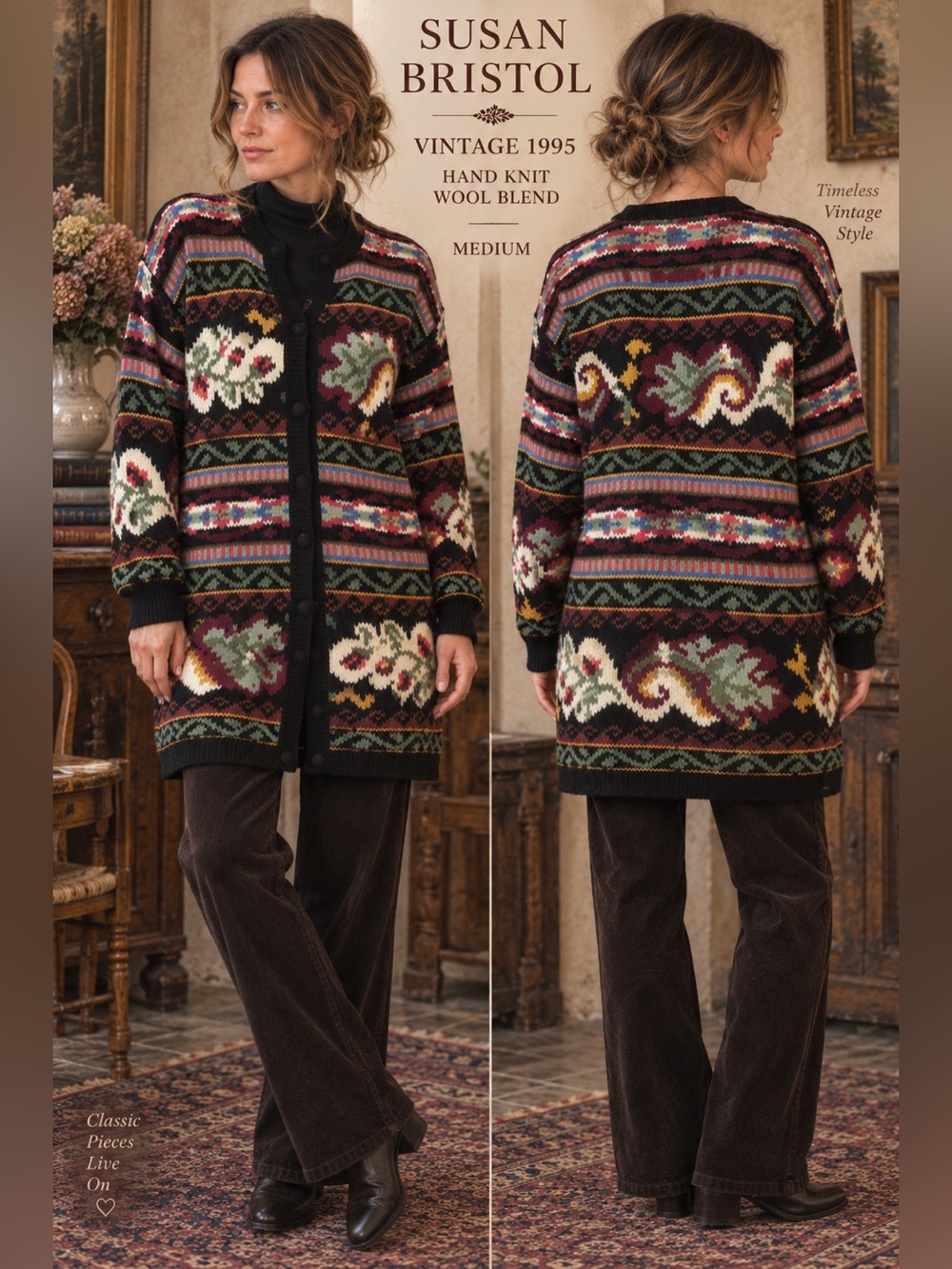 Susan Bristol Vintage 1995 womens sz Med Hand Knit Wool Cardigan Floral Folk Art